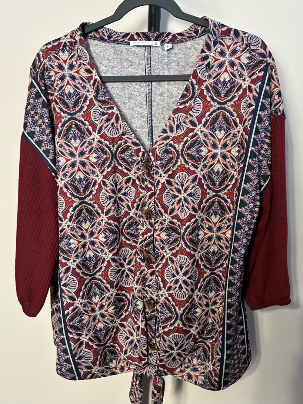 Notations Top Red V Neck Button Down Top Tie Front Waffle Sleeve Boho Plus 1X